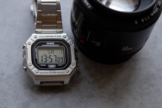 A watch and a camera on a table