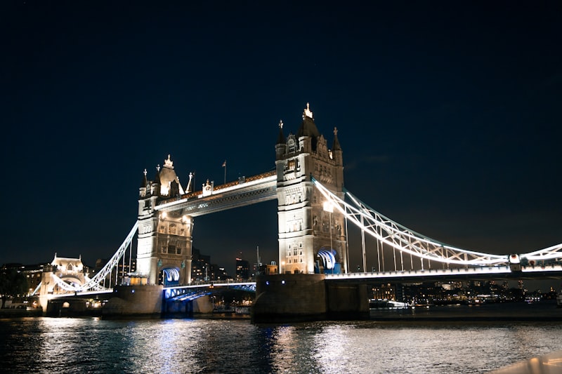 London skyline and Thames illuminated at night with reflections