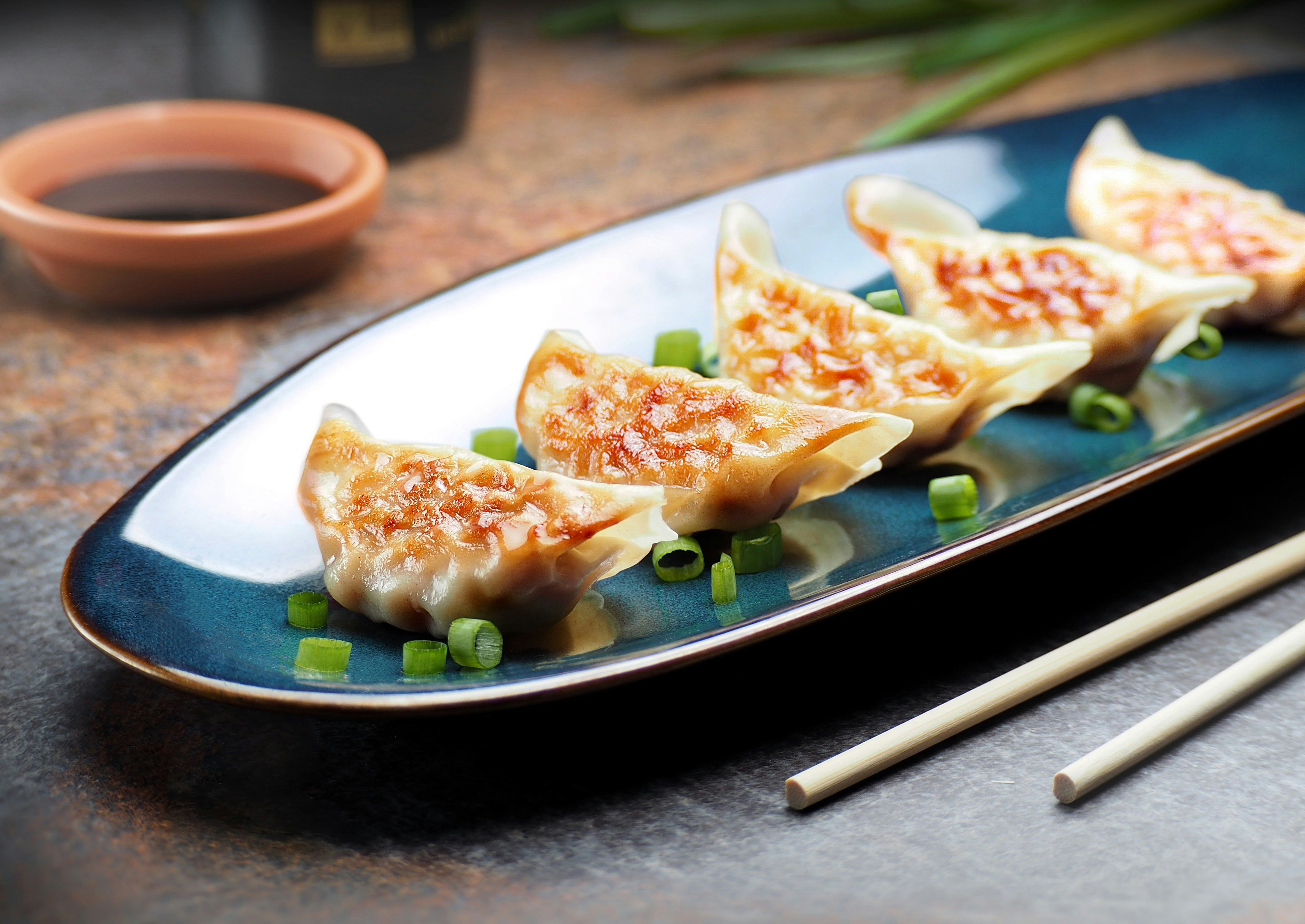 Pan-fried gyoza on a blue plate with chopsticks
