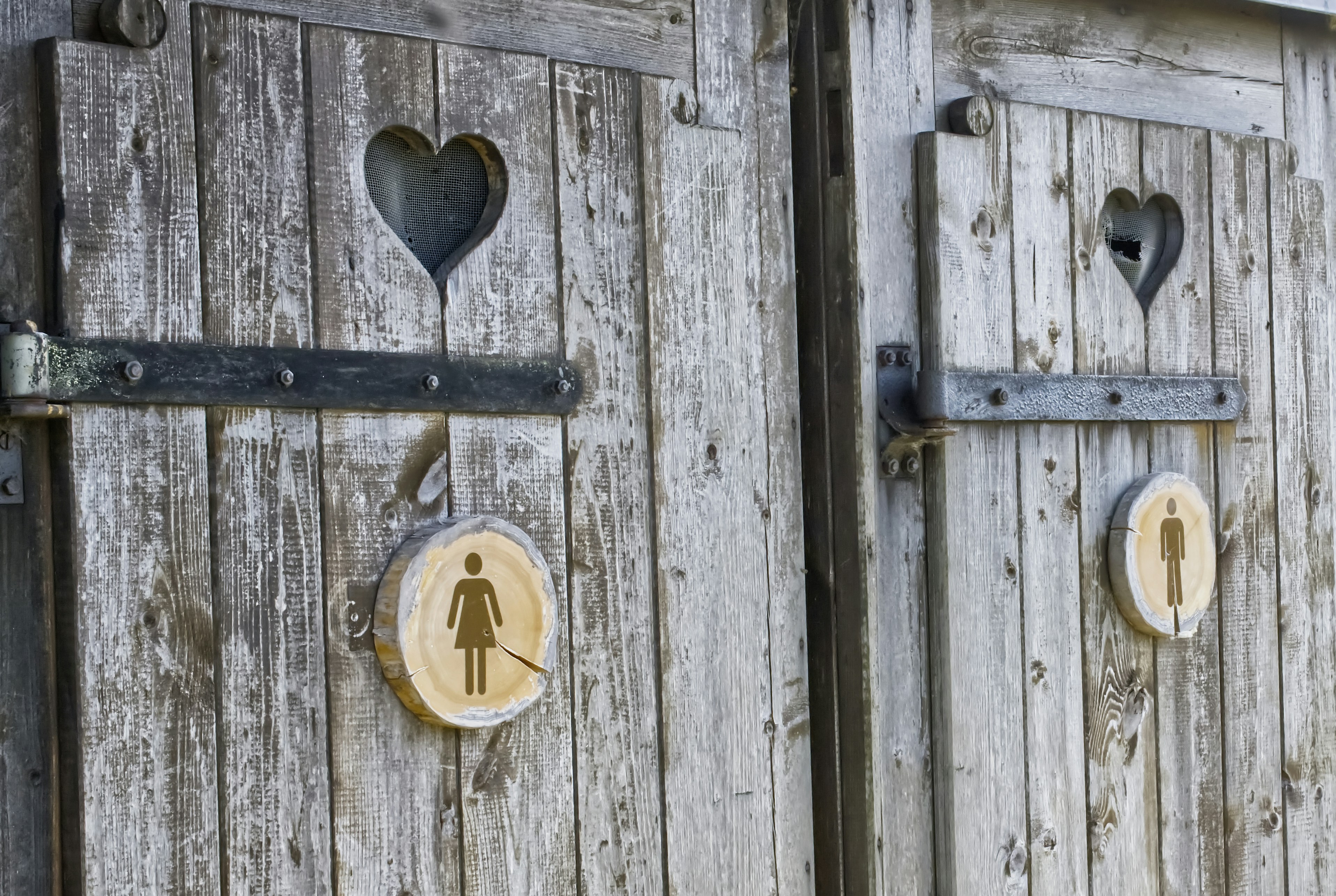 A couple of wooden doors with hearts on them
