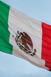 The mexican flag is flying high in the sky