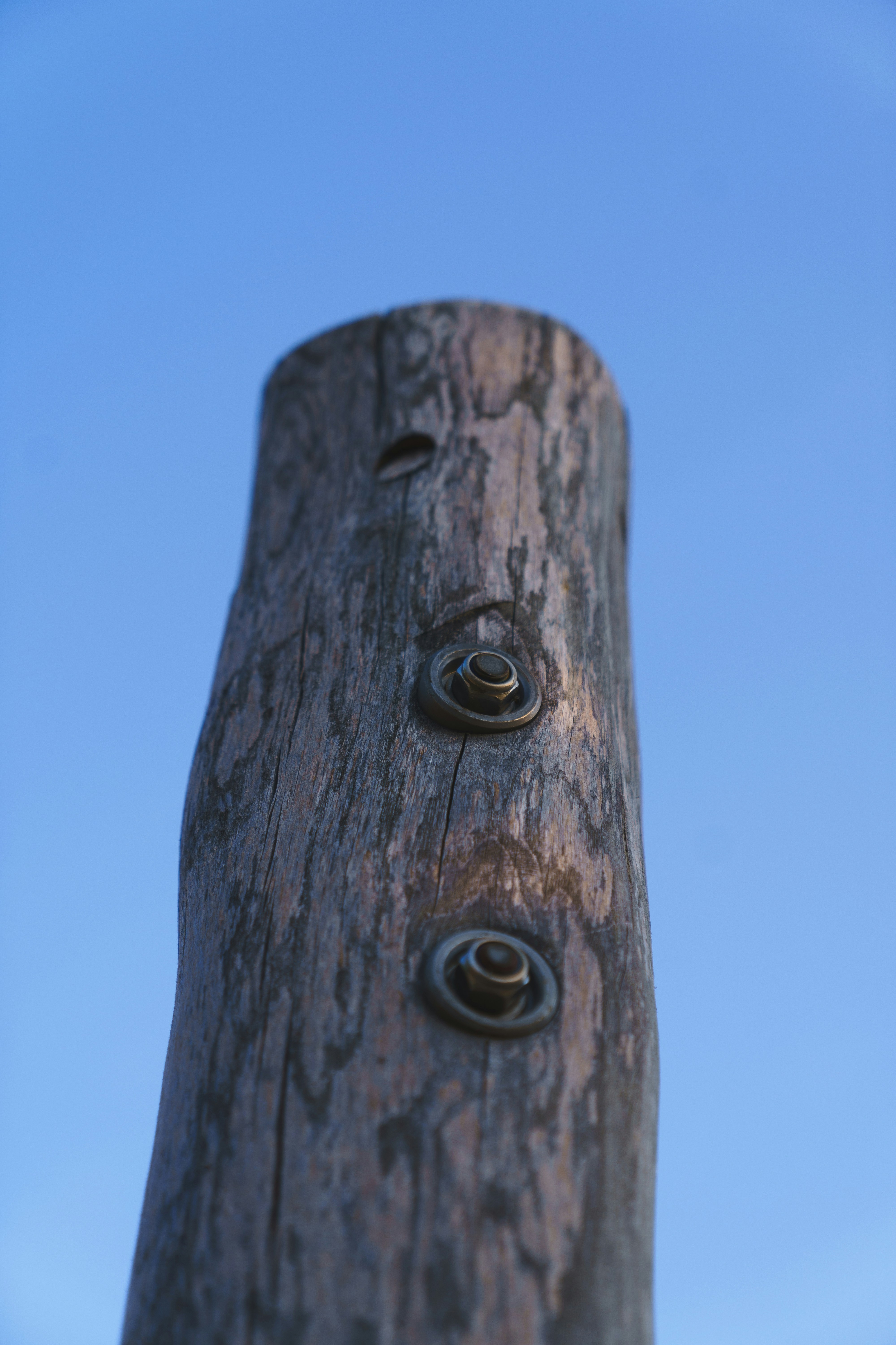 A close up of a wooden pole with a sky background