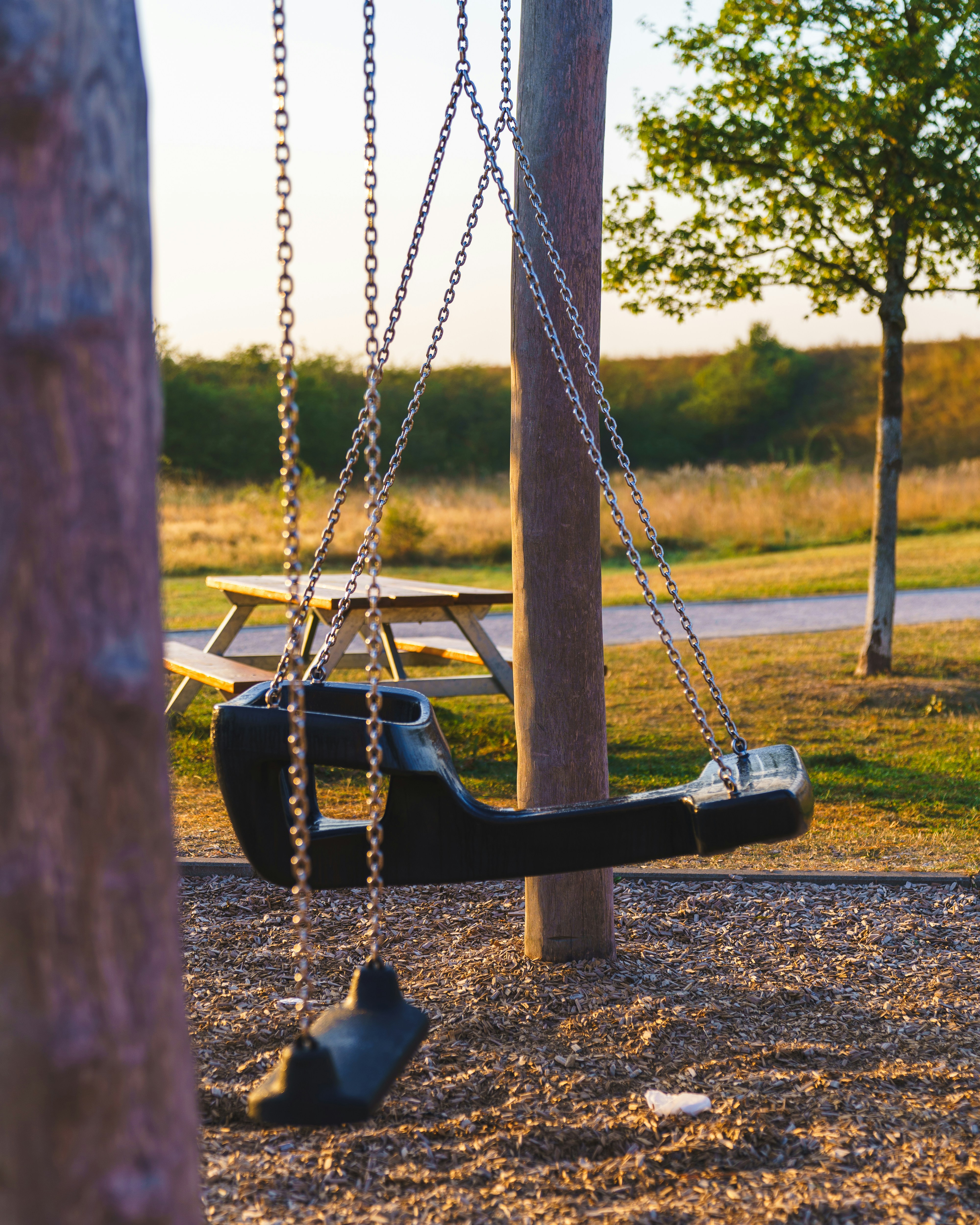 A park with a swing and a bench
