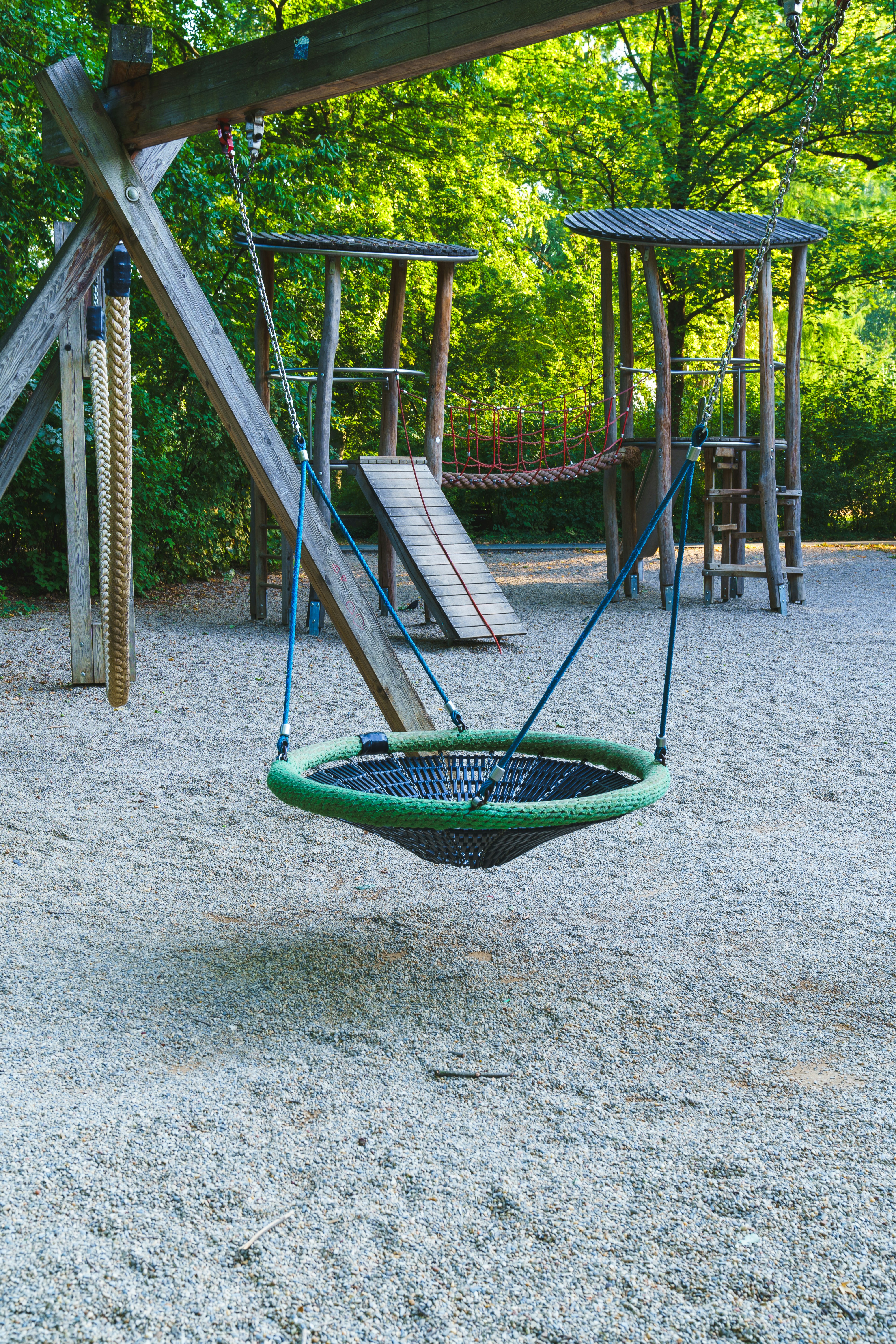 A child's swing set in a park