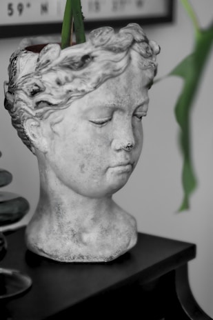 A black and white photo of a statue of a woman's head with a
