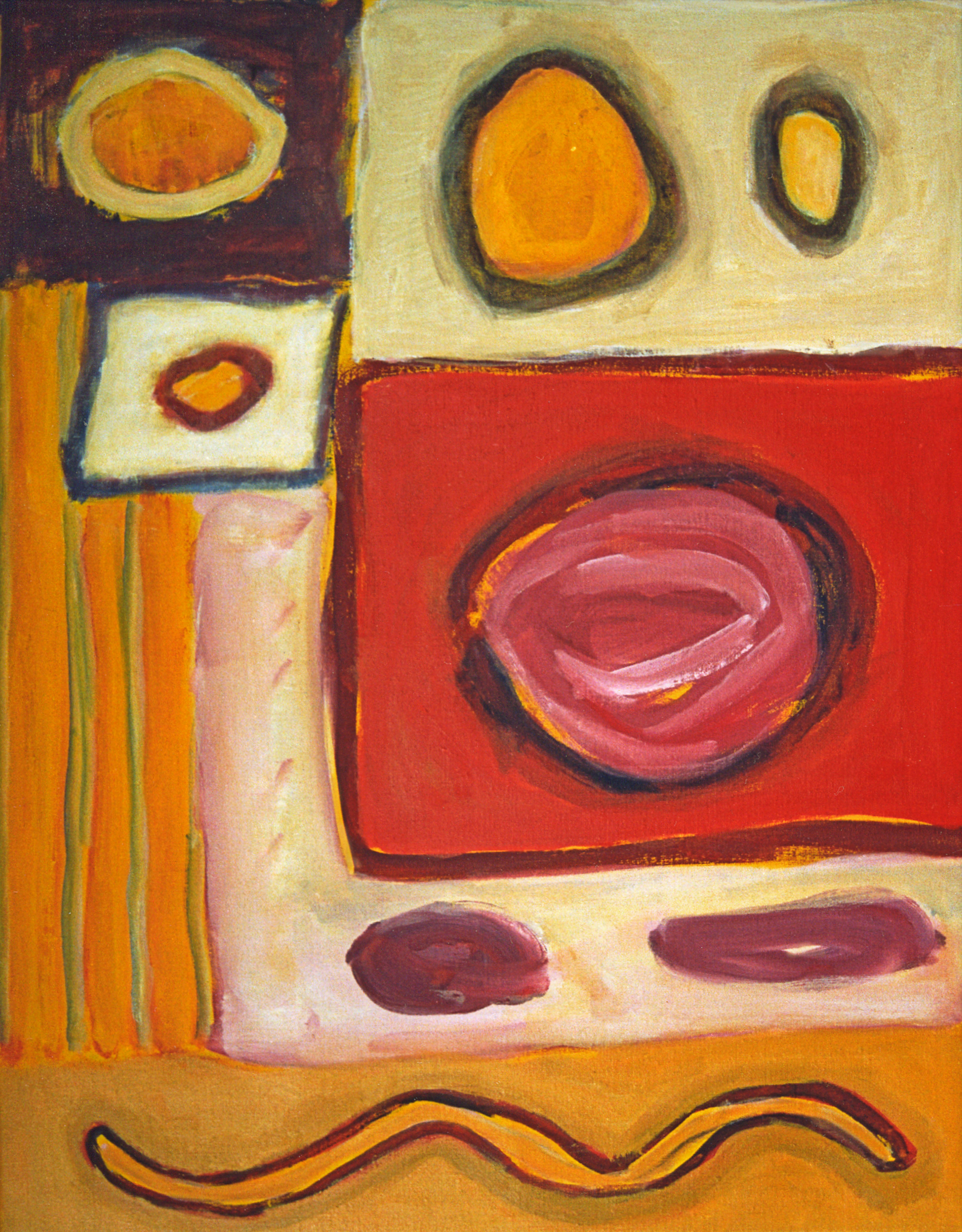 A painting of a red, yellow, and brown square
