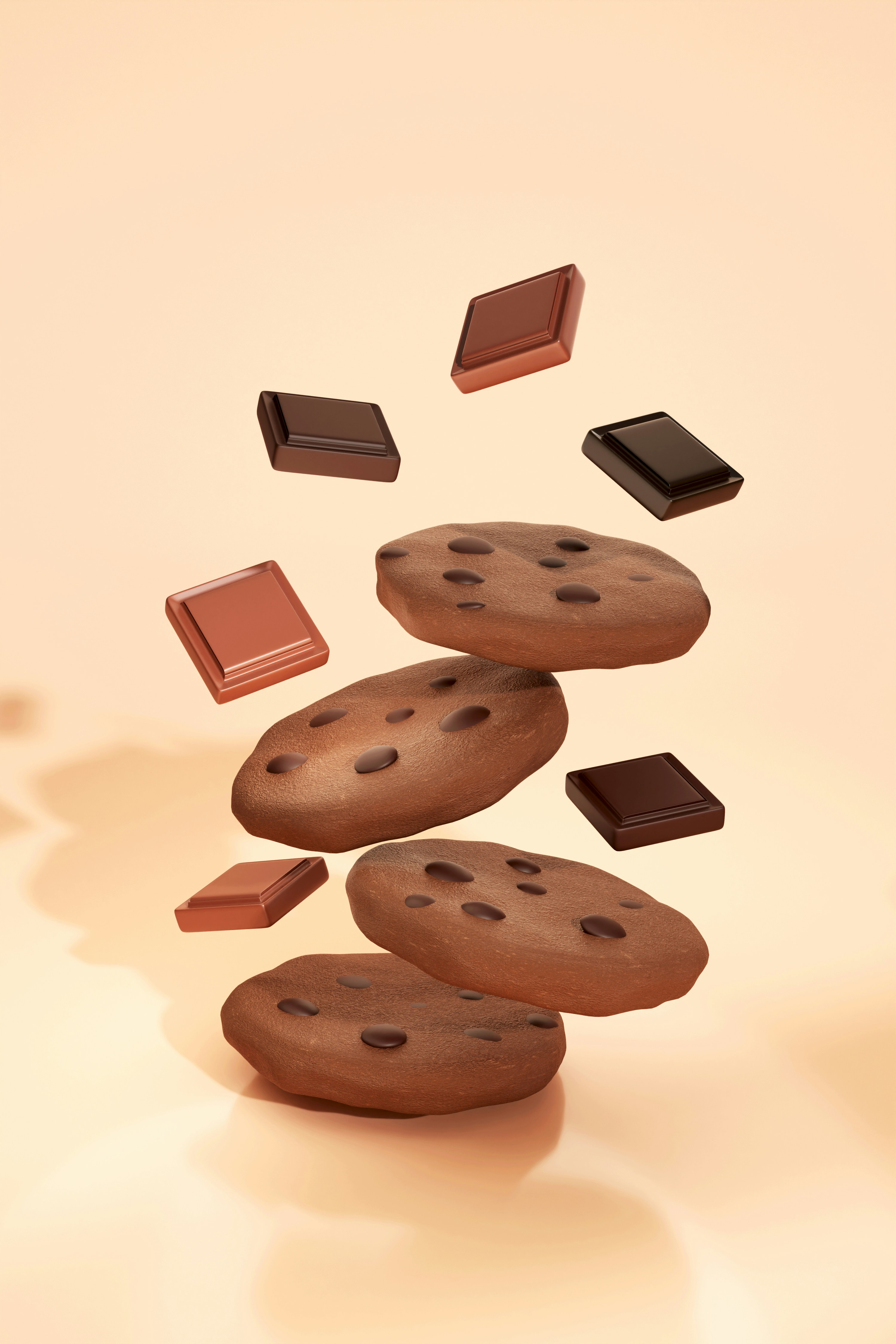 A pile of chocolate cookies falling into the air