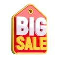 A red and yellow big sale sign on a white background