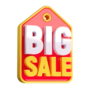 A red and yellow big sale sign on a white background
