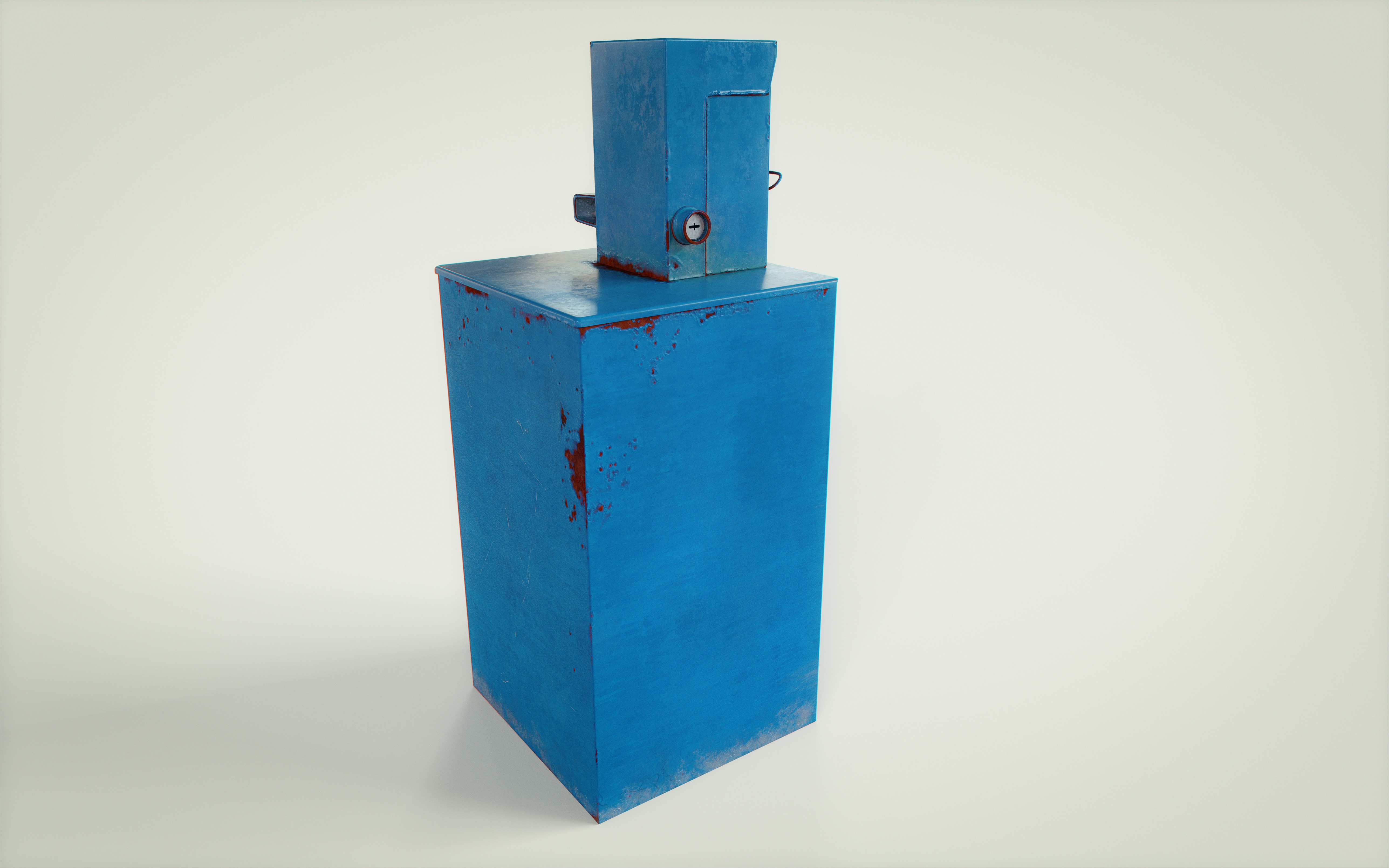 A blue box sitting on top of a white floor