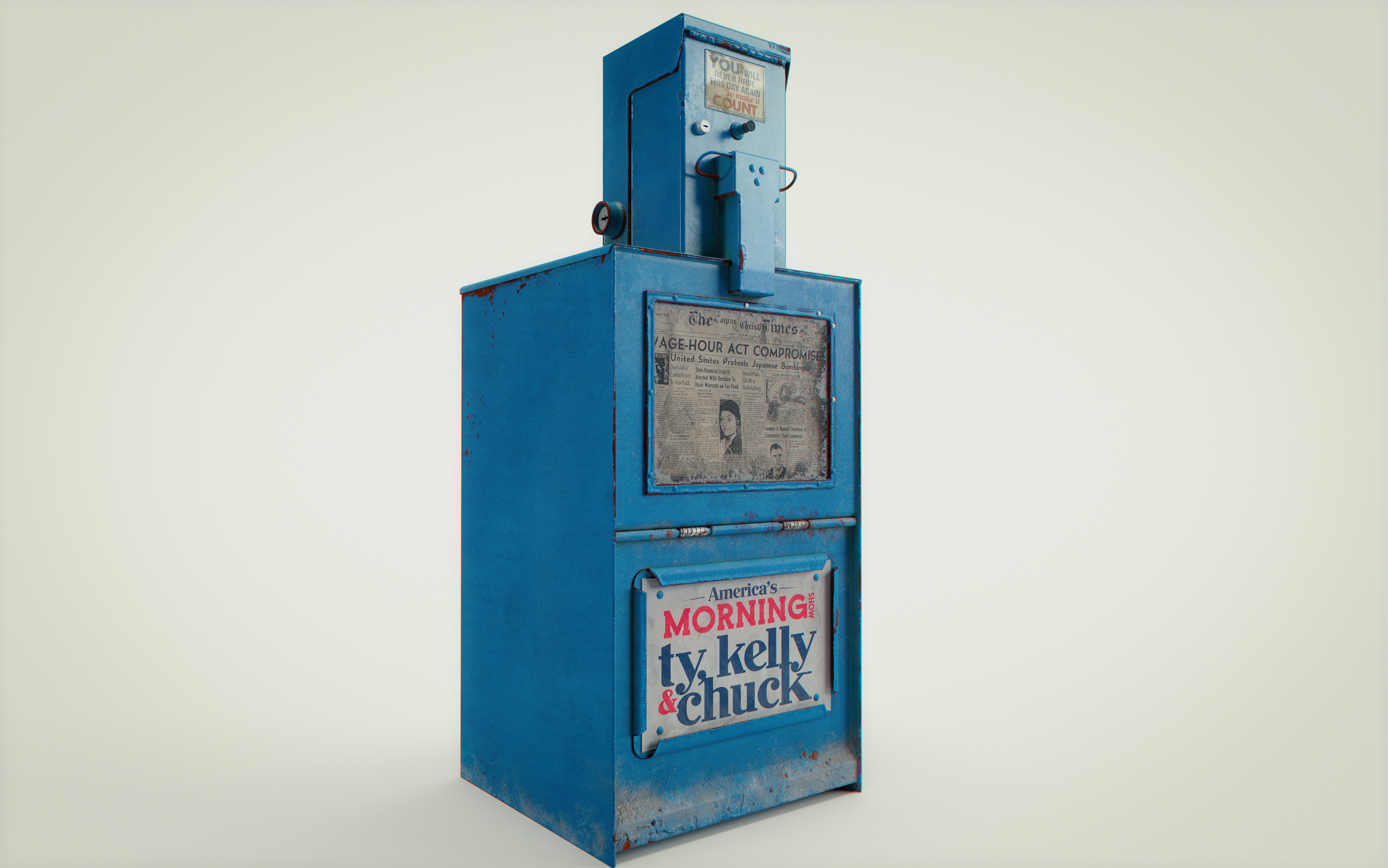 A blue machine with a newspaper dispenser on top of it