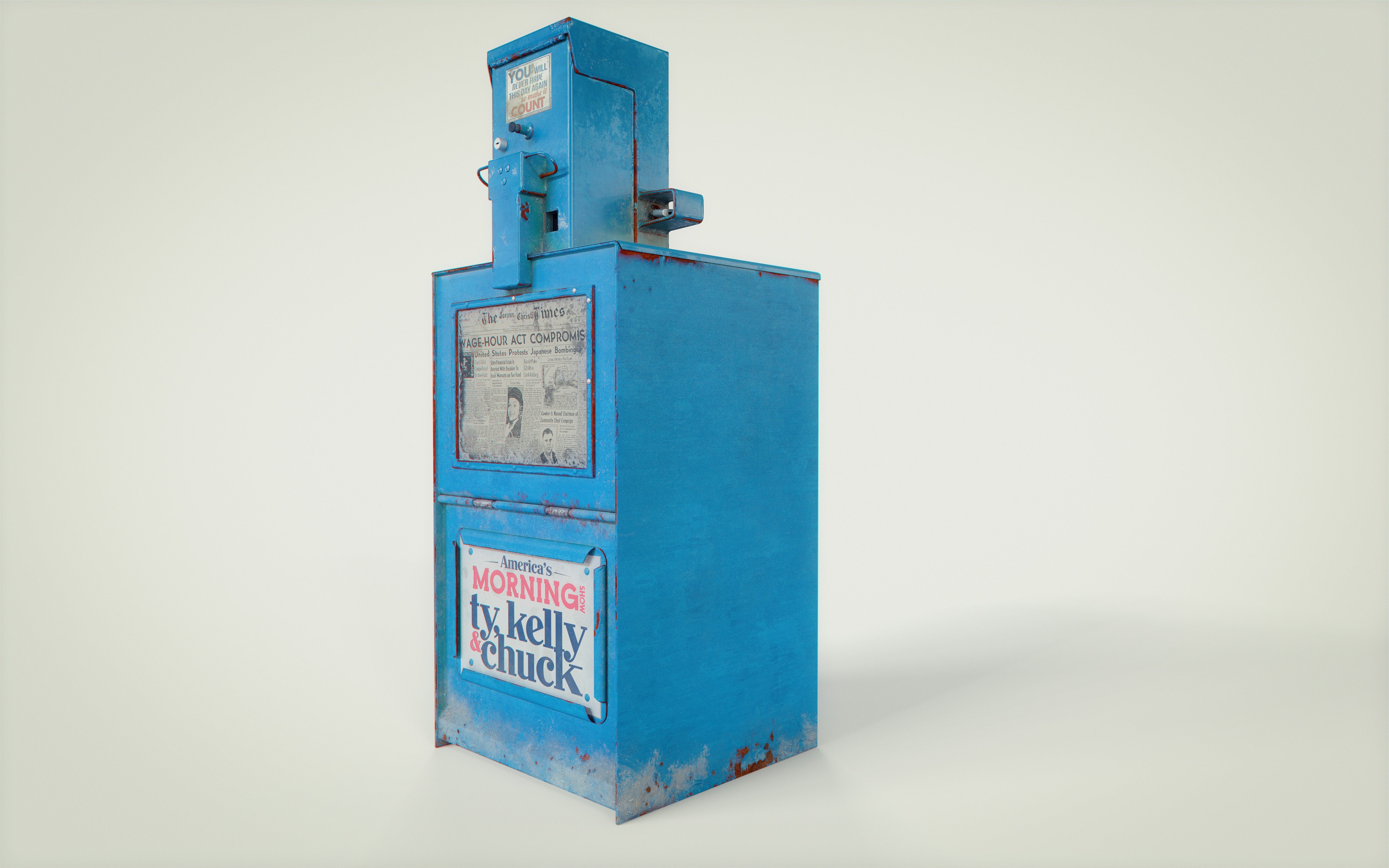 A blue machine with a clock on top of it