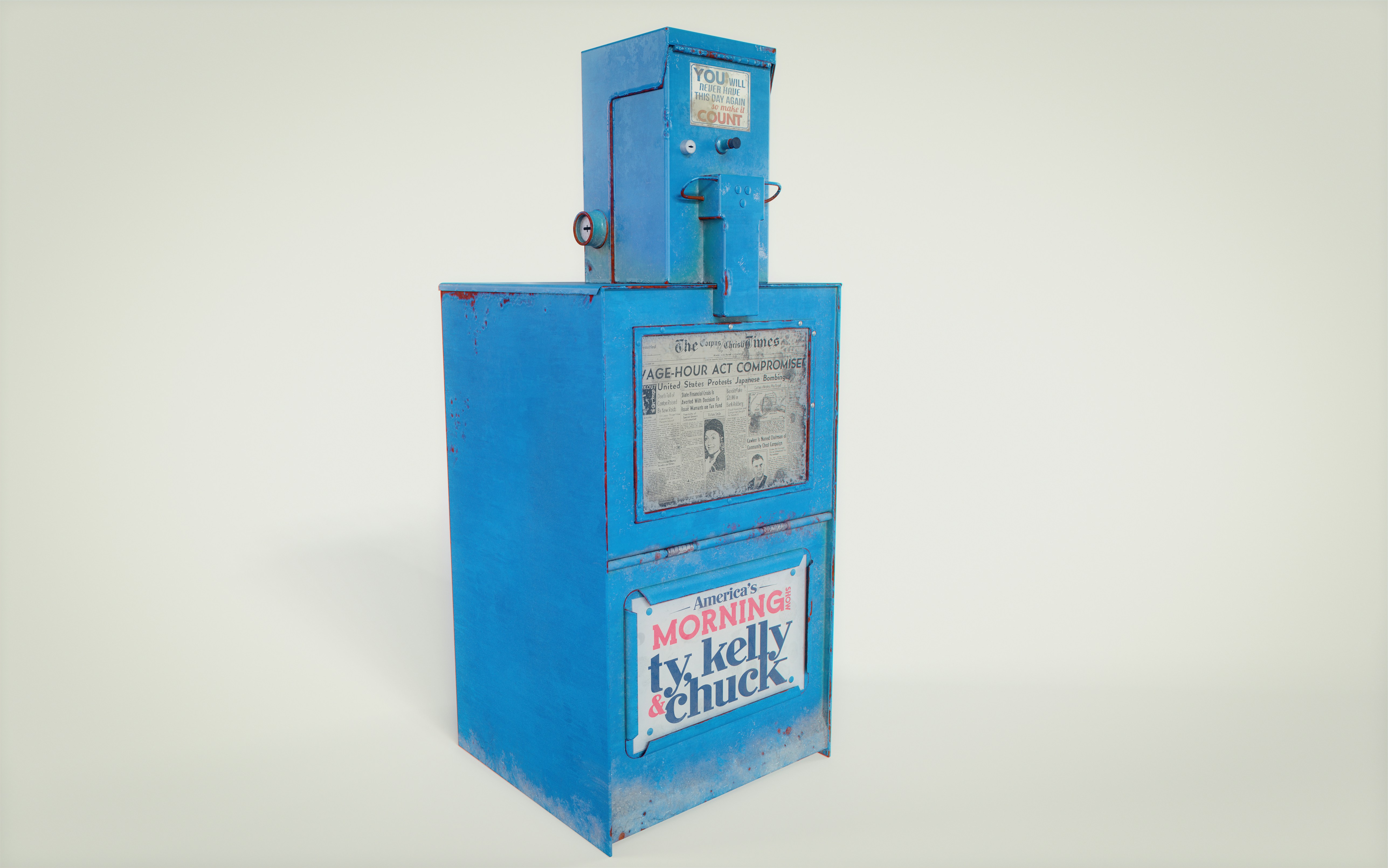 A blue machine with a clock on top of it