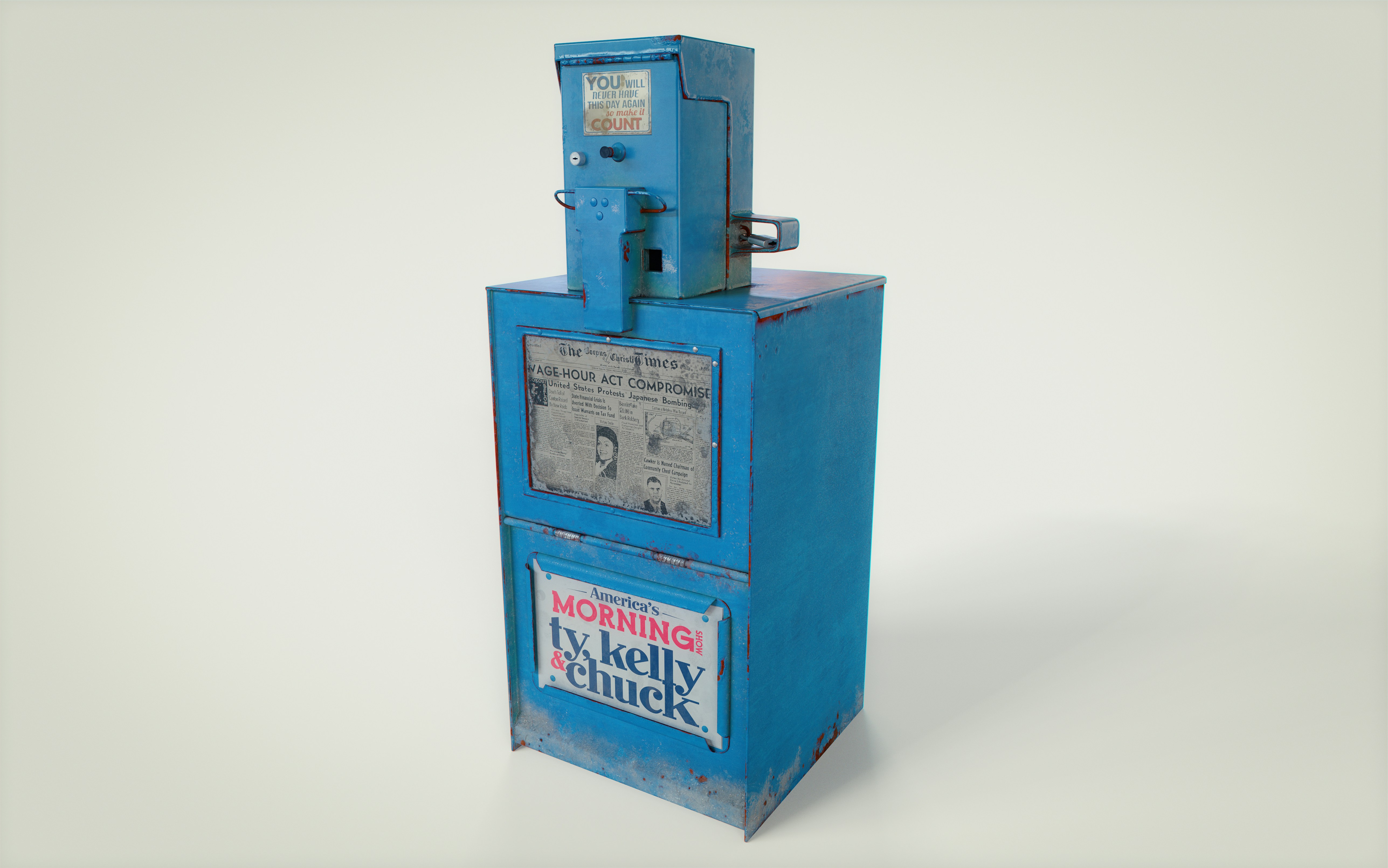 A blue machine with a clock on top of it