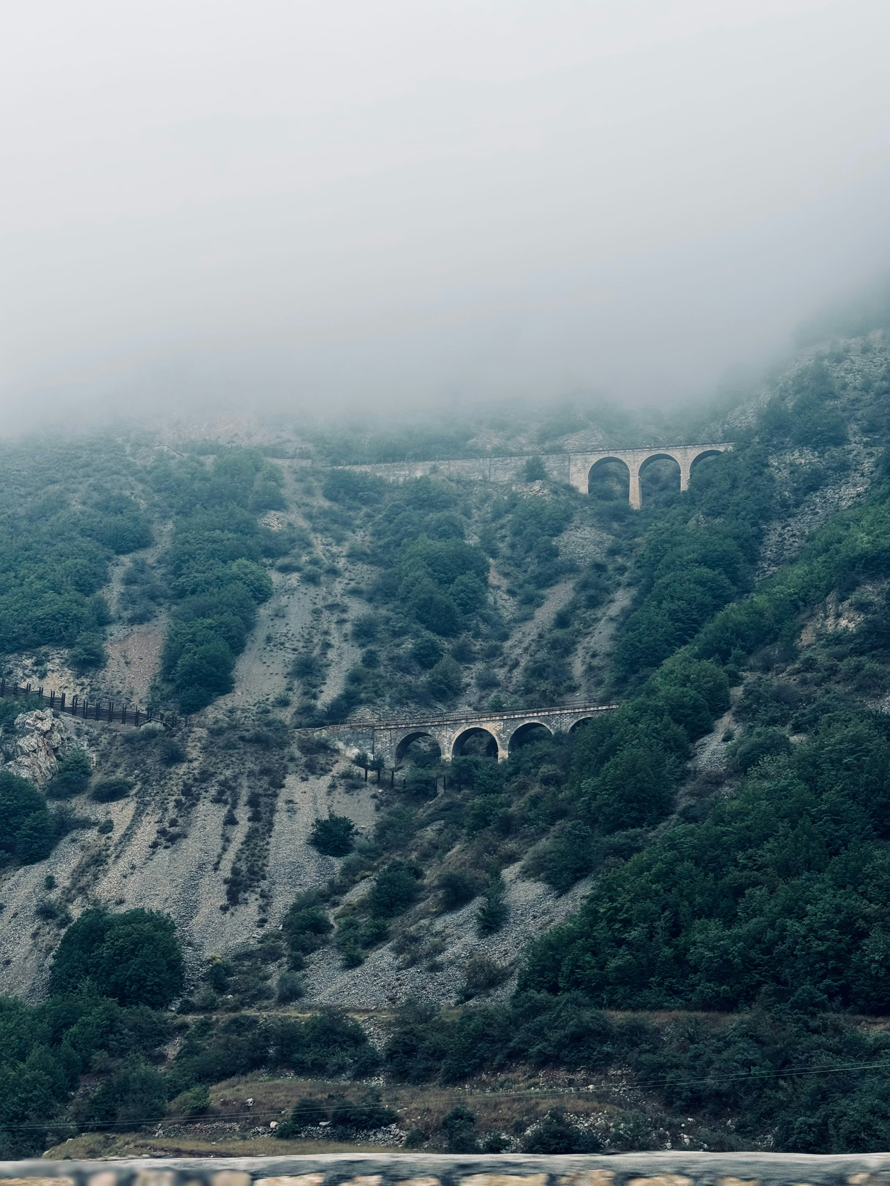 Ein Zug, der auf einem Bahngleis neben einem üppig grünen Hügel entlangfährt