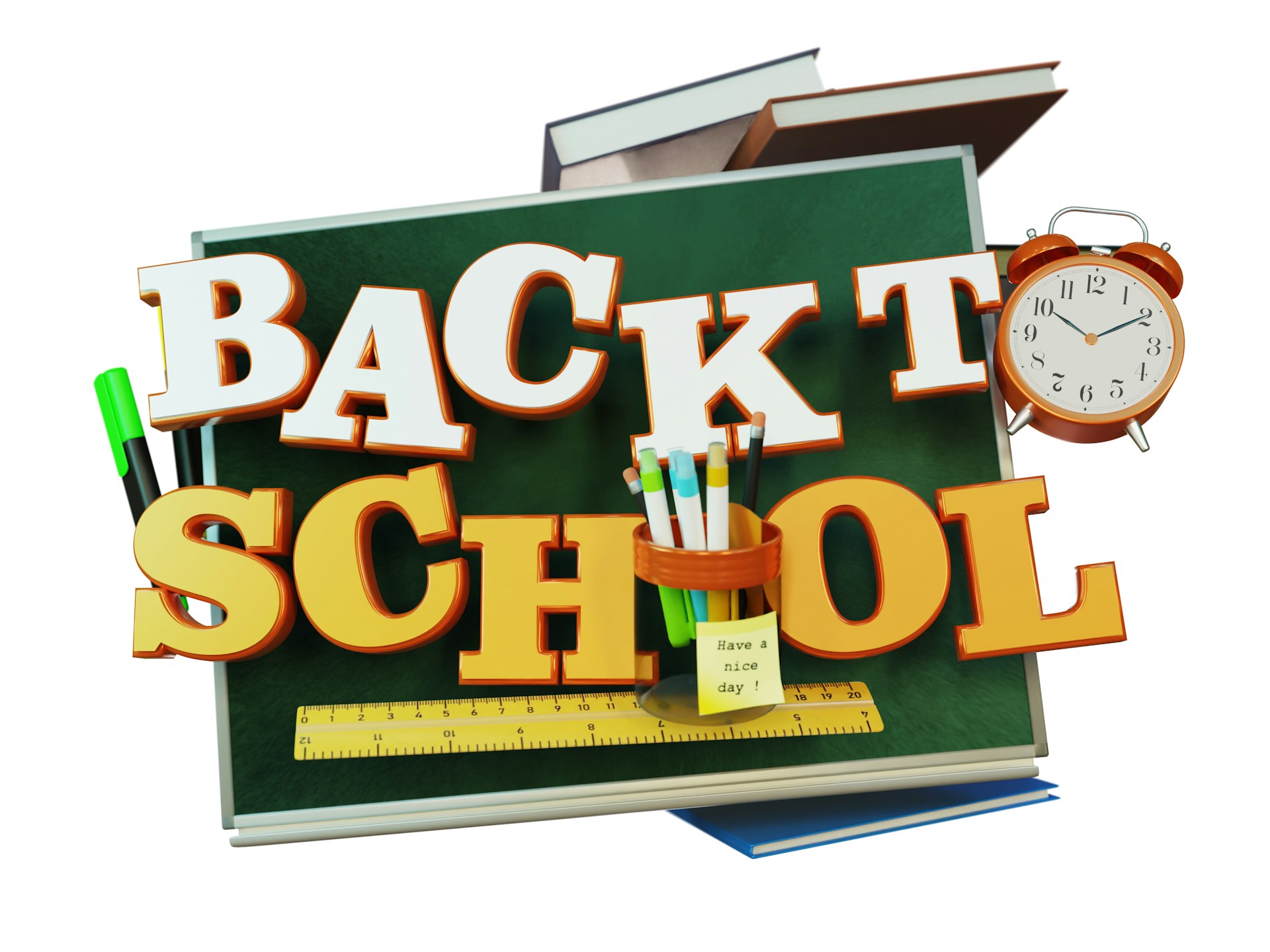A back to school sign with a clock on top of it
