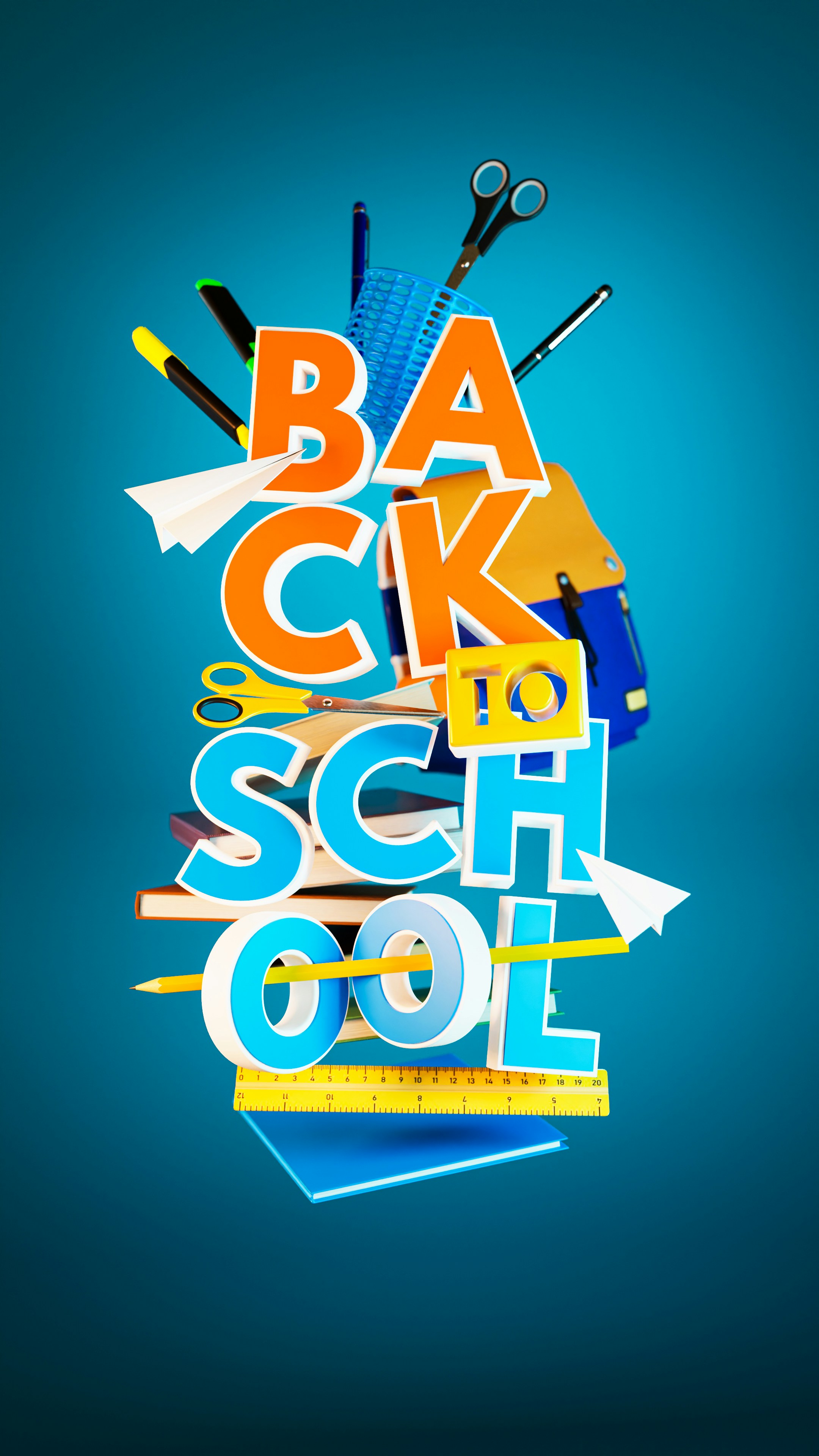A back to school poster with scissors and other items
