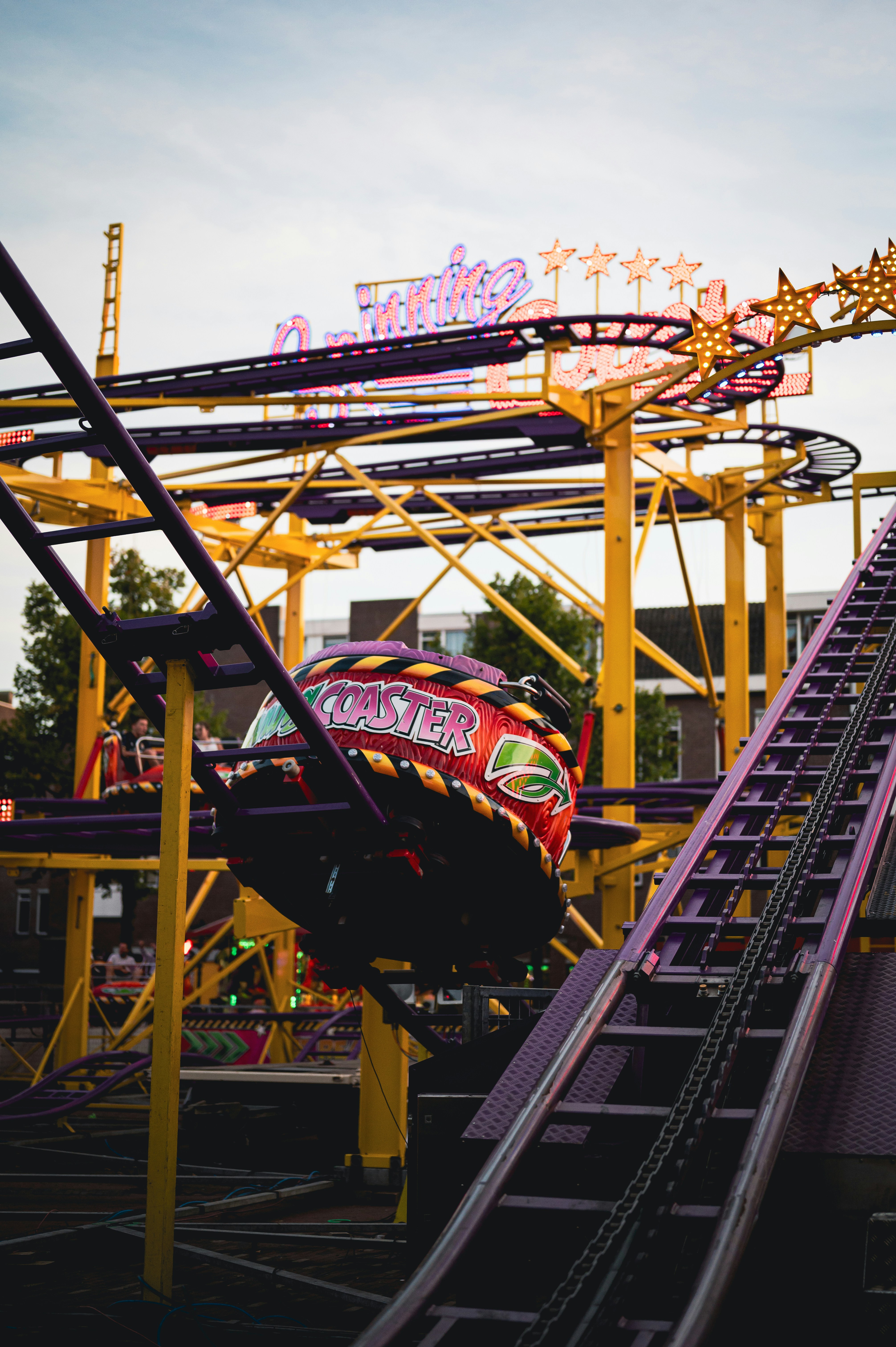 A roller coaster at a theme park