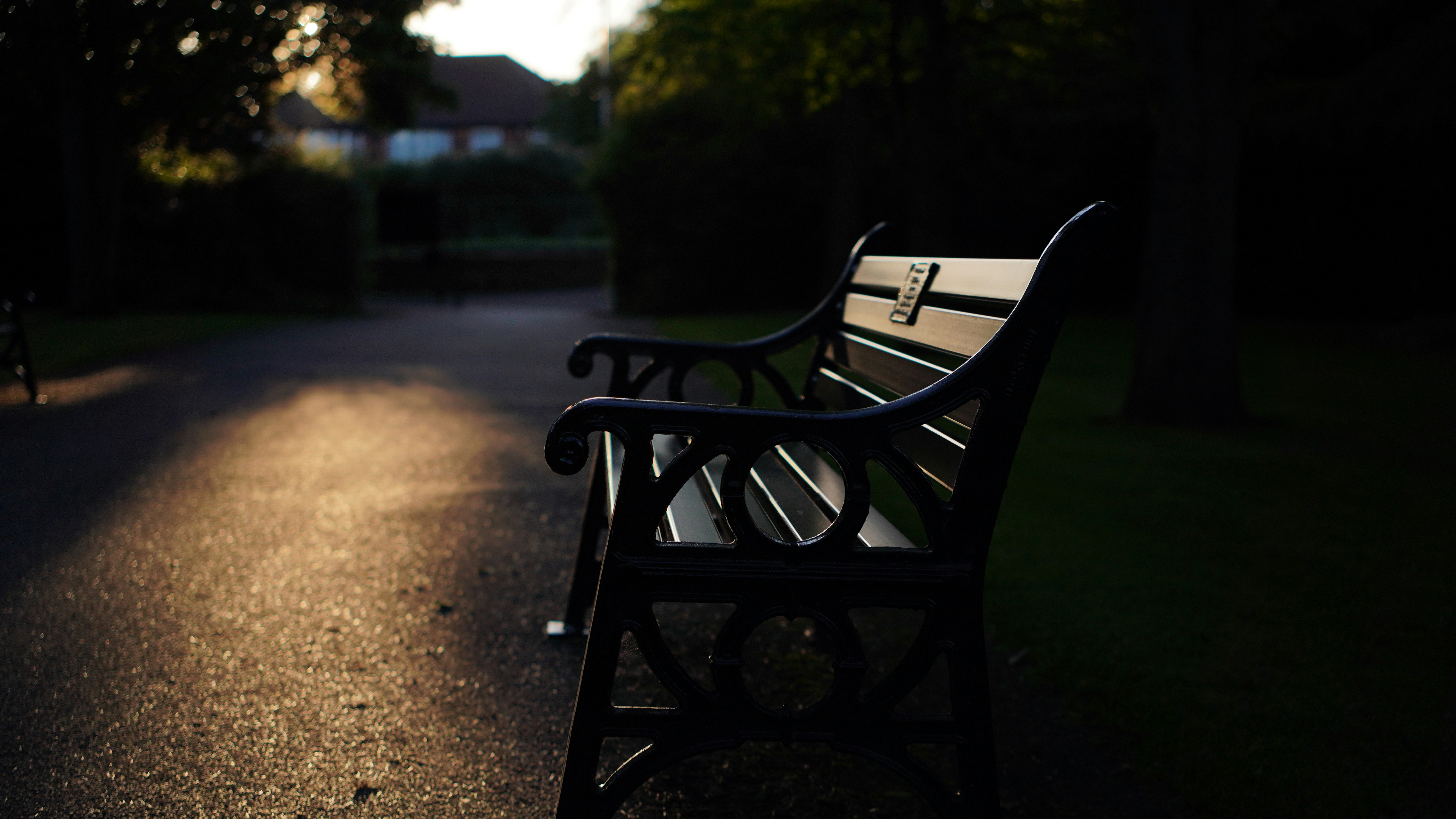 A park bench sitting on the side of a road