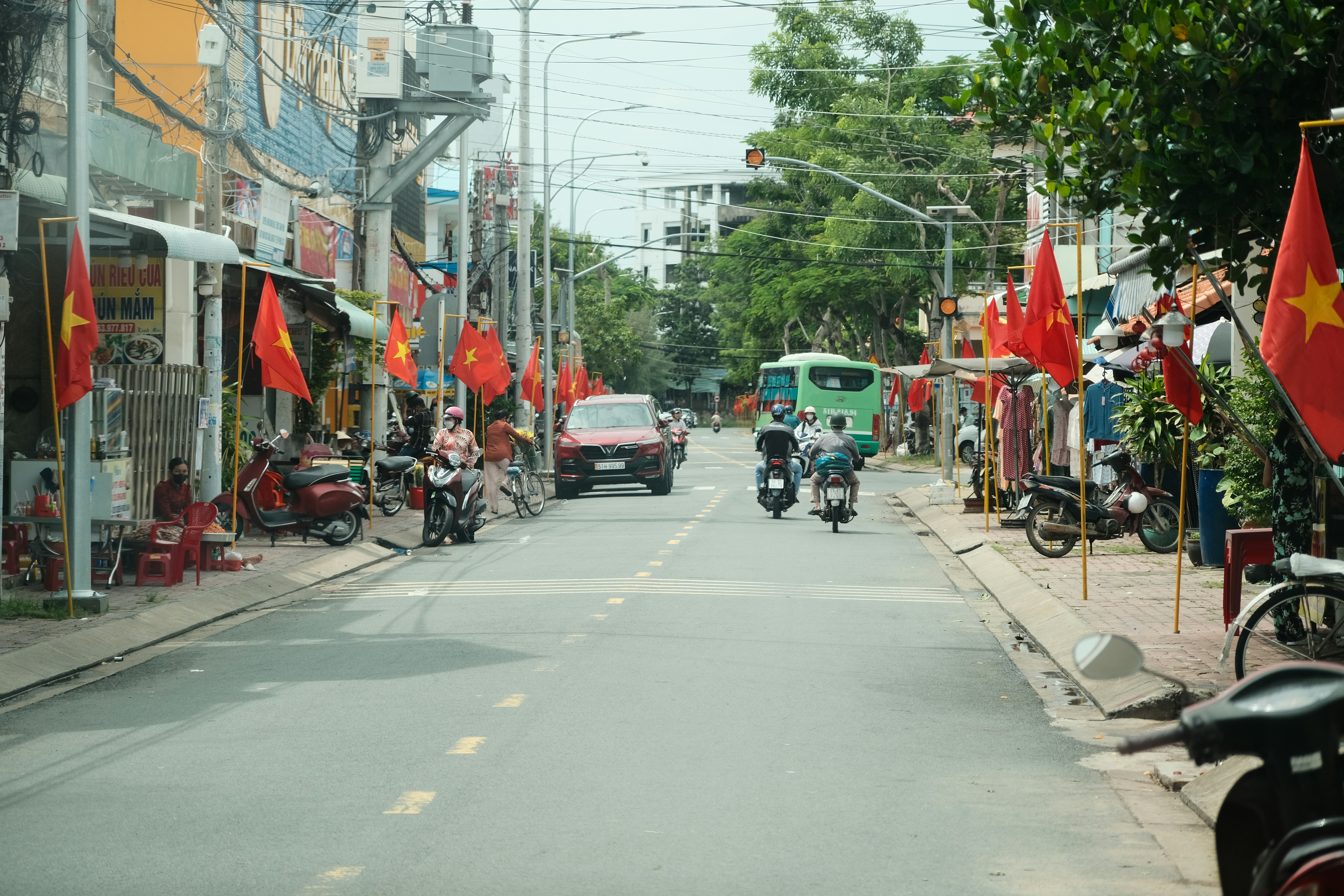 A street filled with lots of red flags