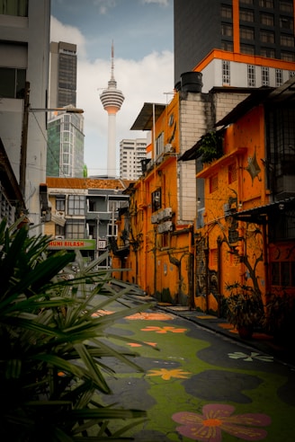 A city street with a lot of tall buildings