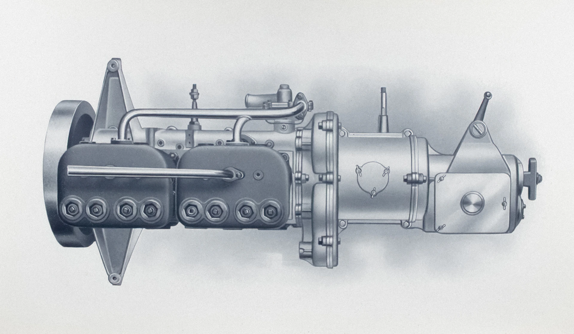 A vintage engine with two cylinders and a flywheel.
