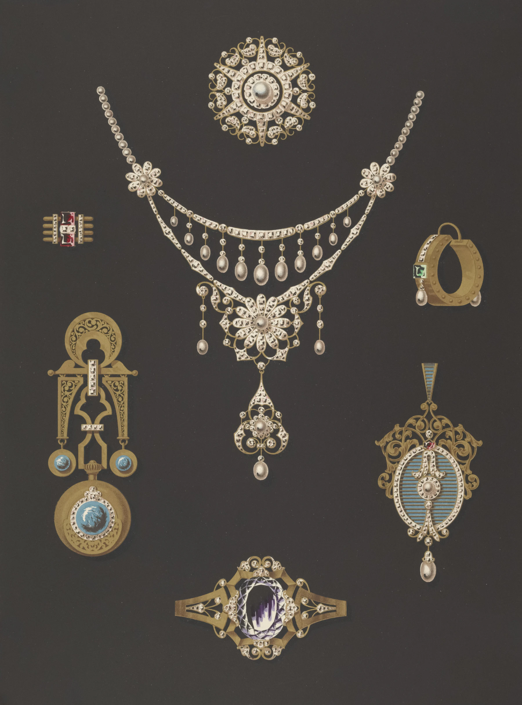 An antique color plate on a dark ground showing a pearl necklace, a round pearl brooch, two pendants, a bracelet clasp and two rings