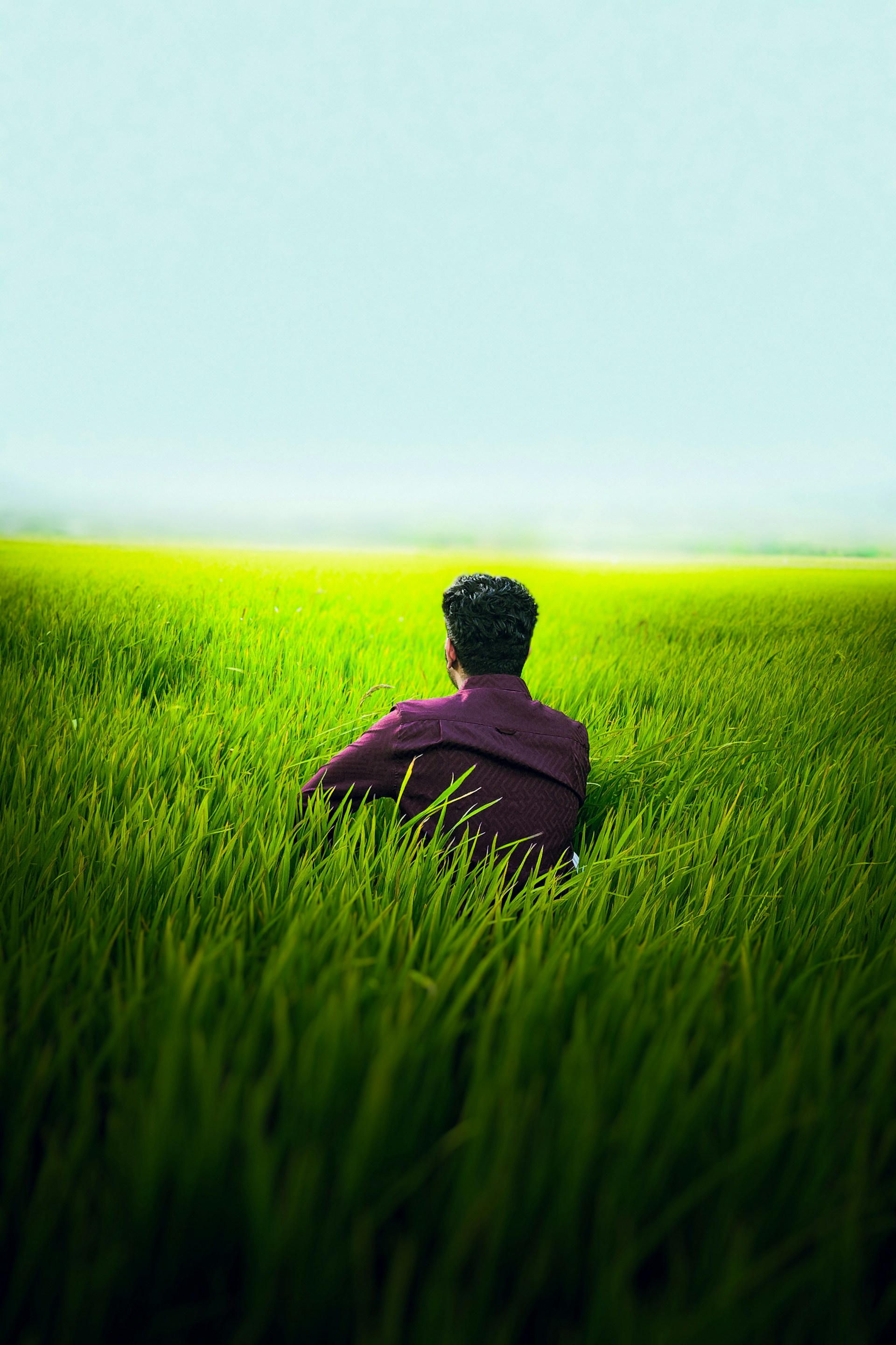 A person sitting in a field of green grass