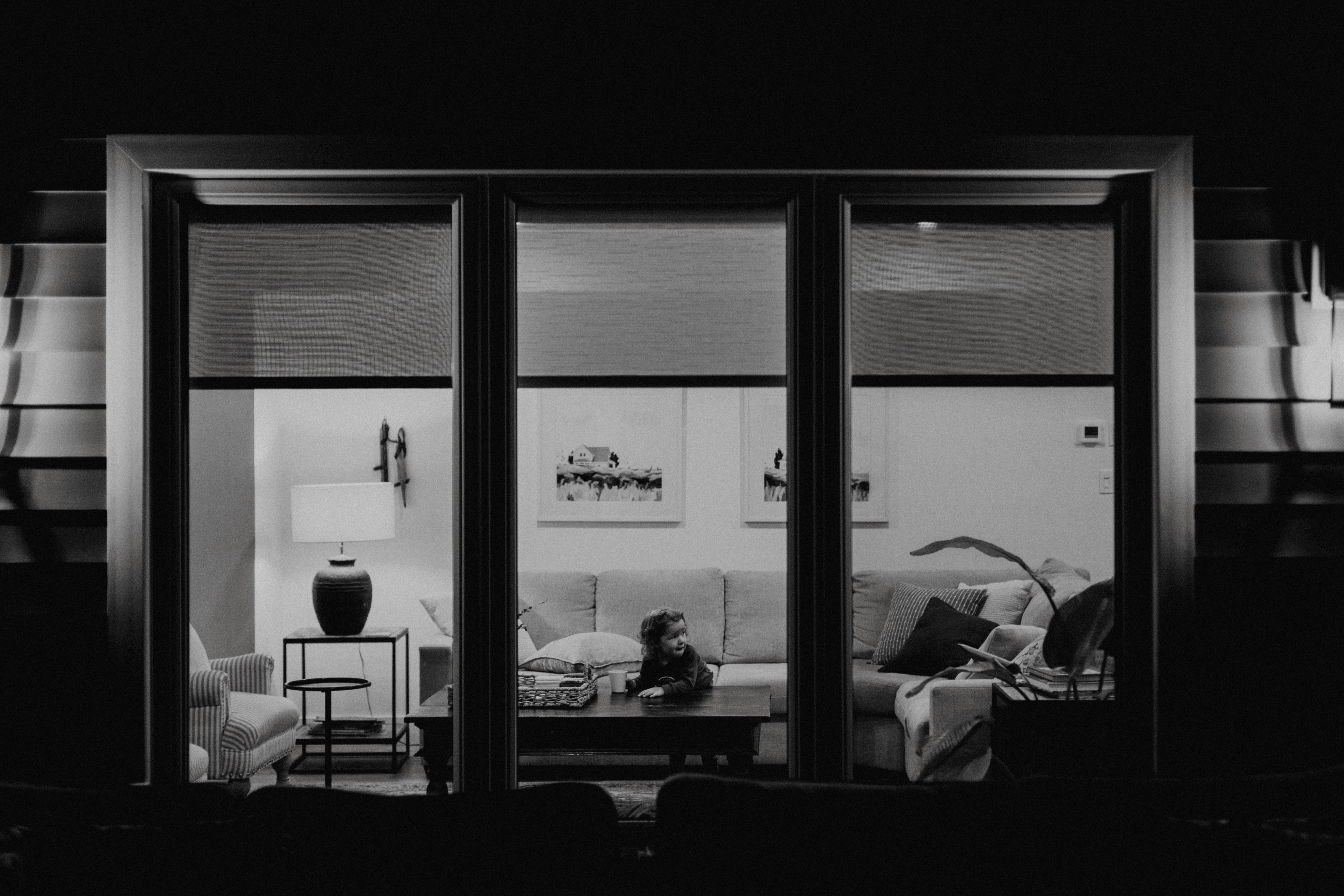 A black and white photo of a living room
