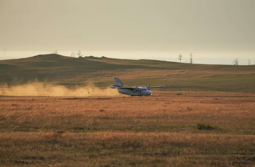 A small plane landing in a field with a hill in the background,