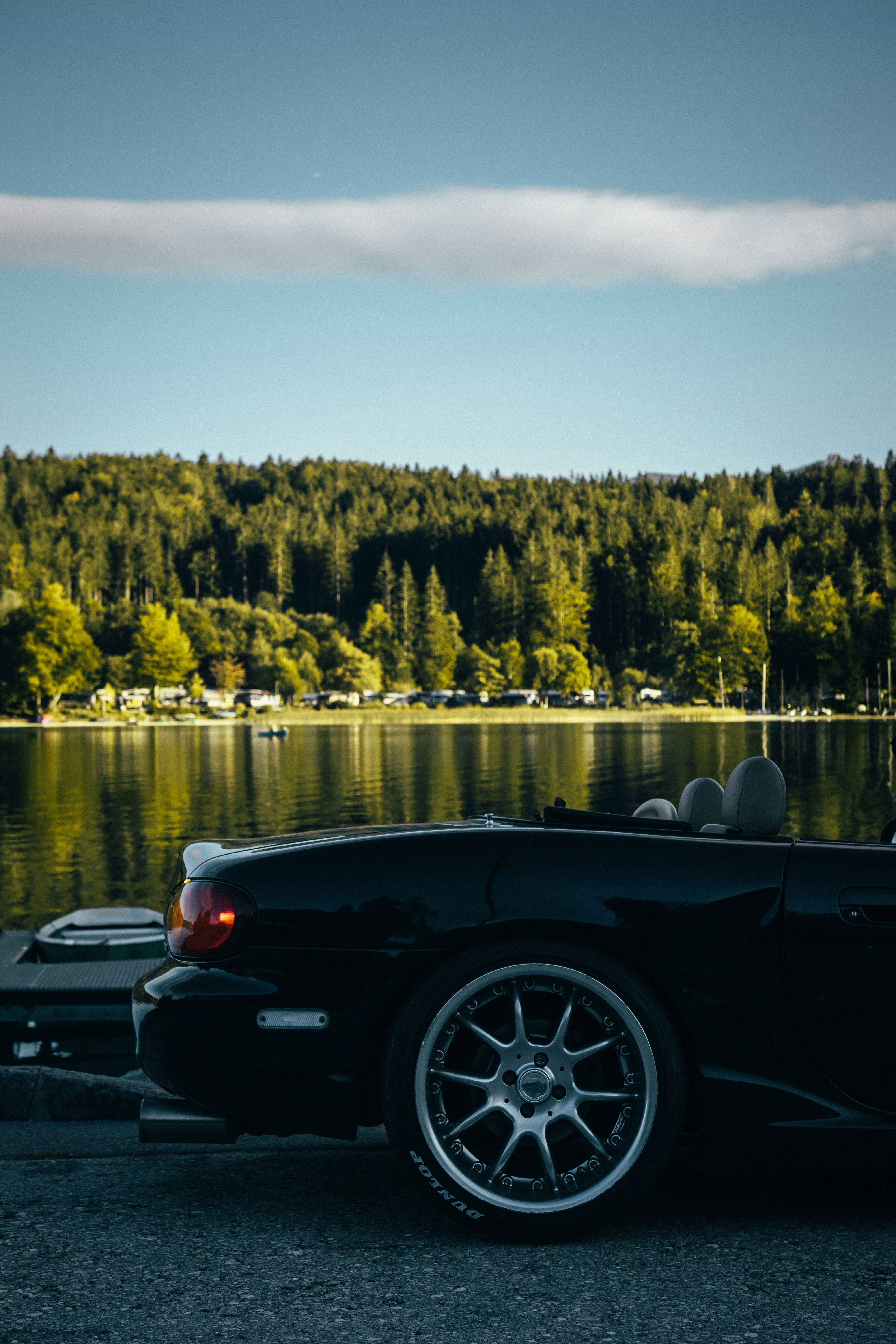 A black sports car parked next to a lake