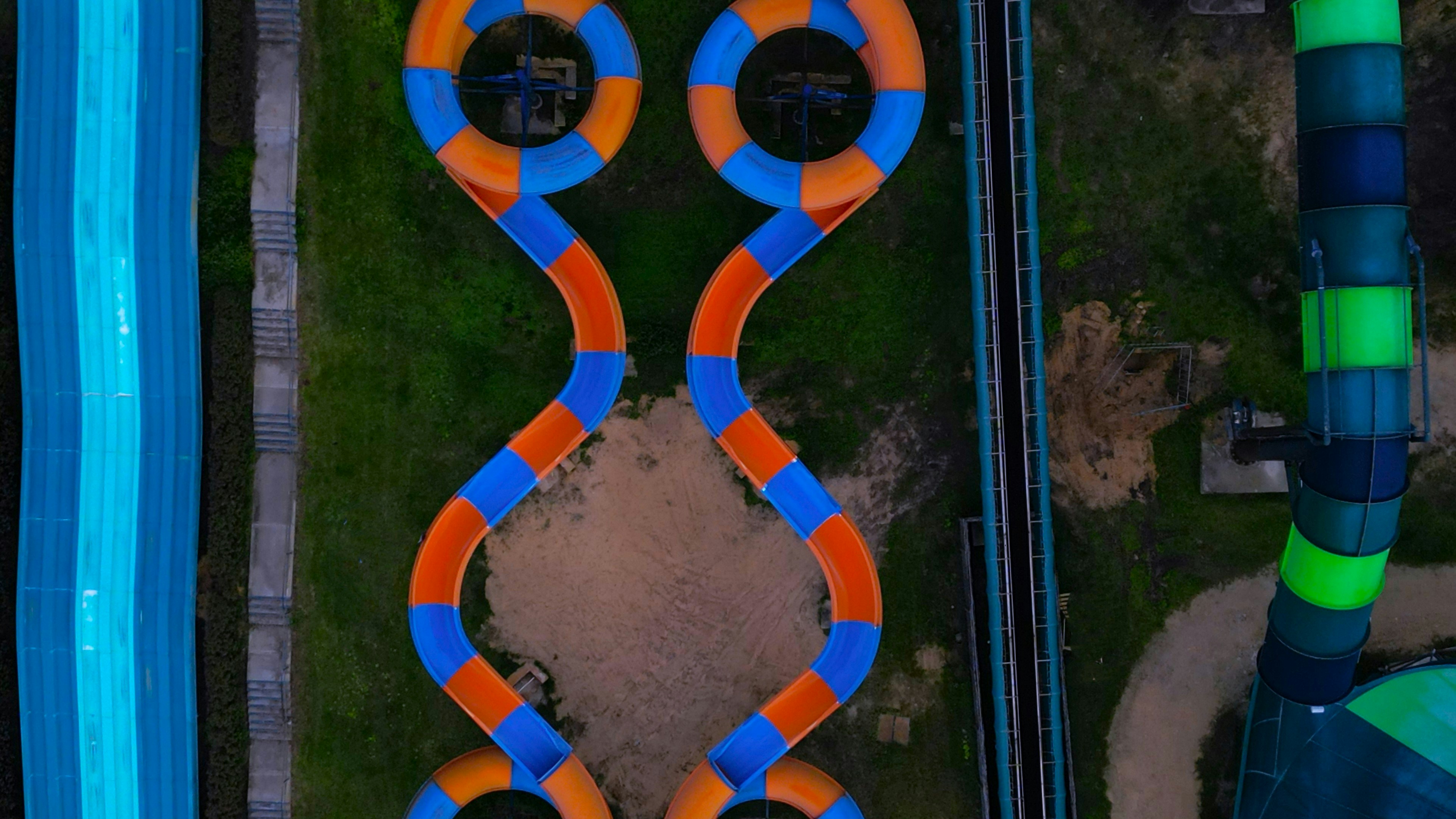 An aerial view of an inflatable water slide