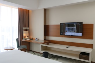 A hotel room with a flat screen TV on the wall