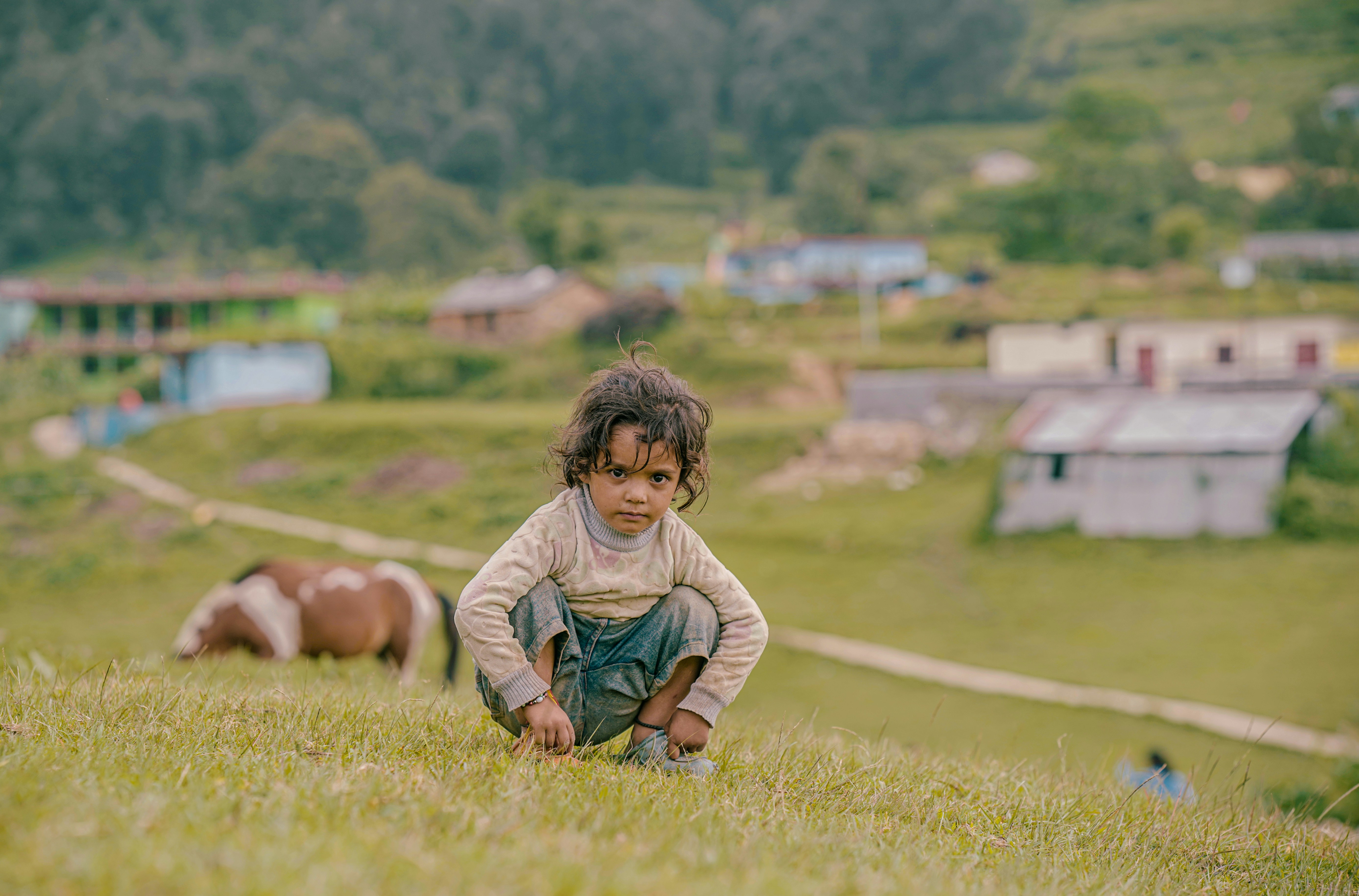 A little boy kneeling down in a field