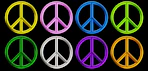 A group of neon colored peace signs on a black background