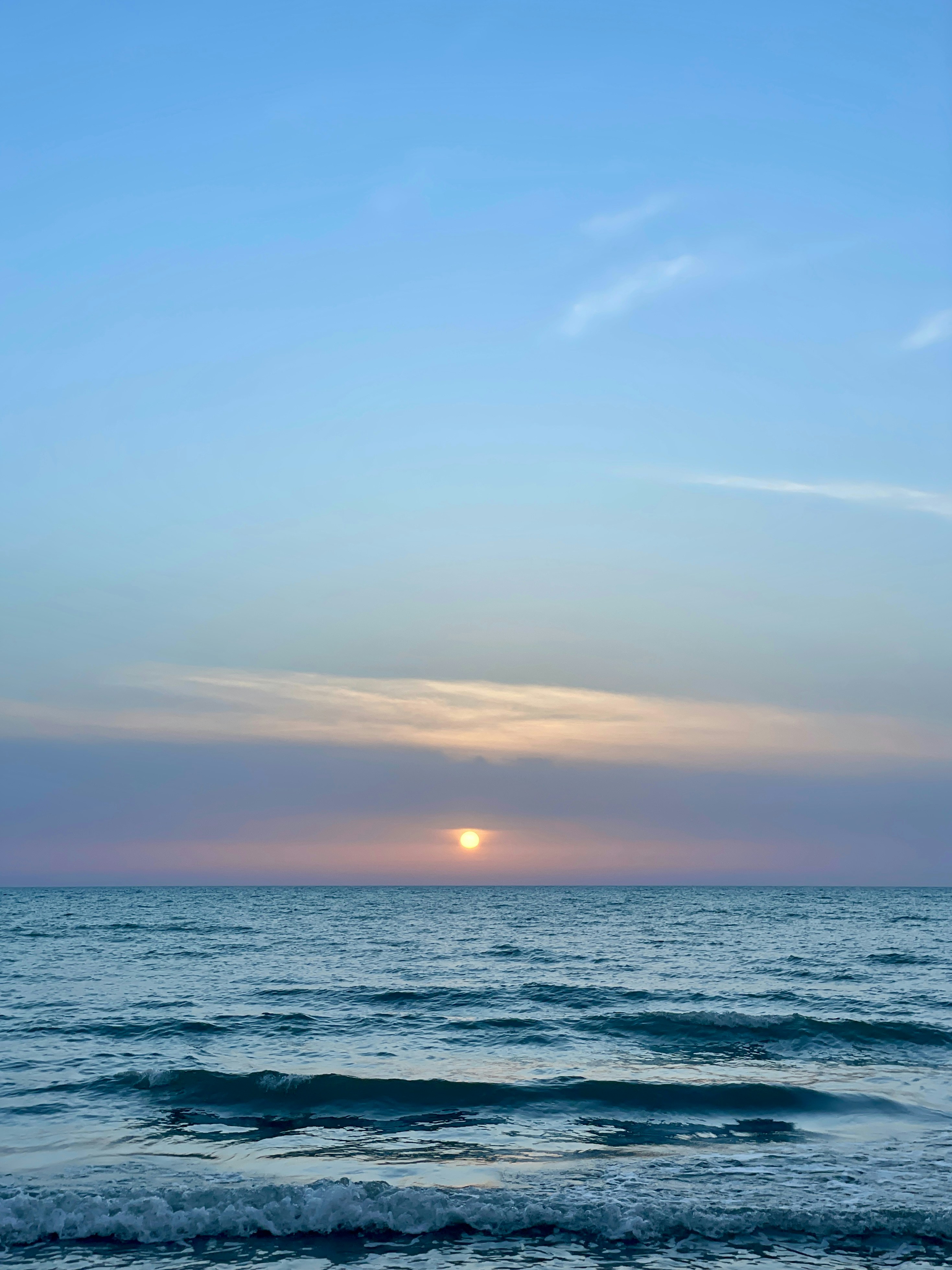 The sun is setting over the ocean on a clear day