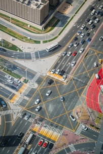 An aerial view of a busy city intersection