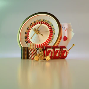 A clock, dice, and casino chips on a table
