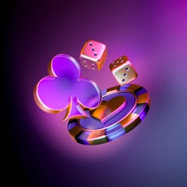 A purple and black background with dices and hearts