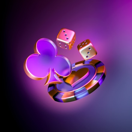 A purple and black background with dices and hearts
