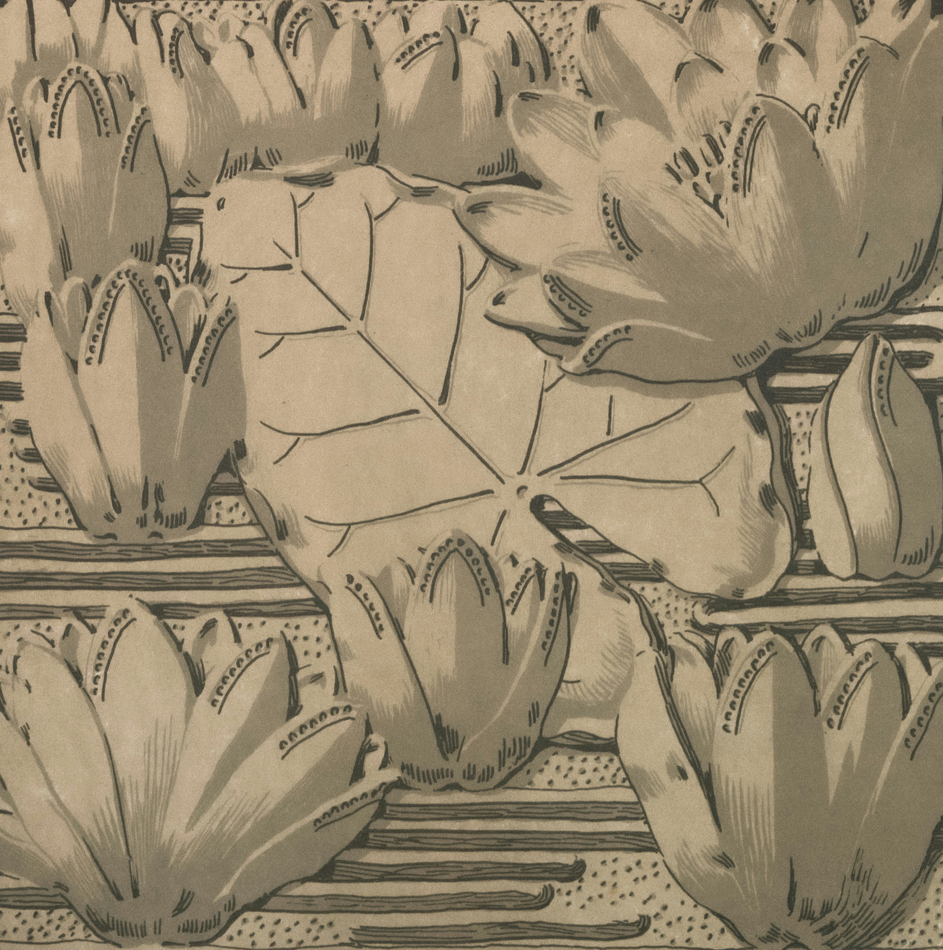 Nenúfares estilizados y un gran patrón de hojas.