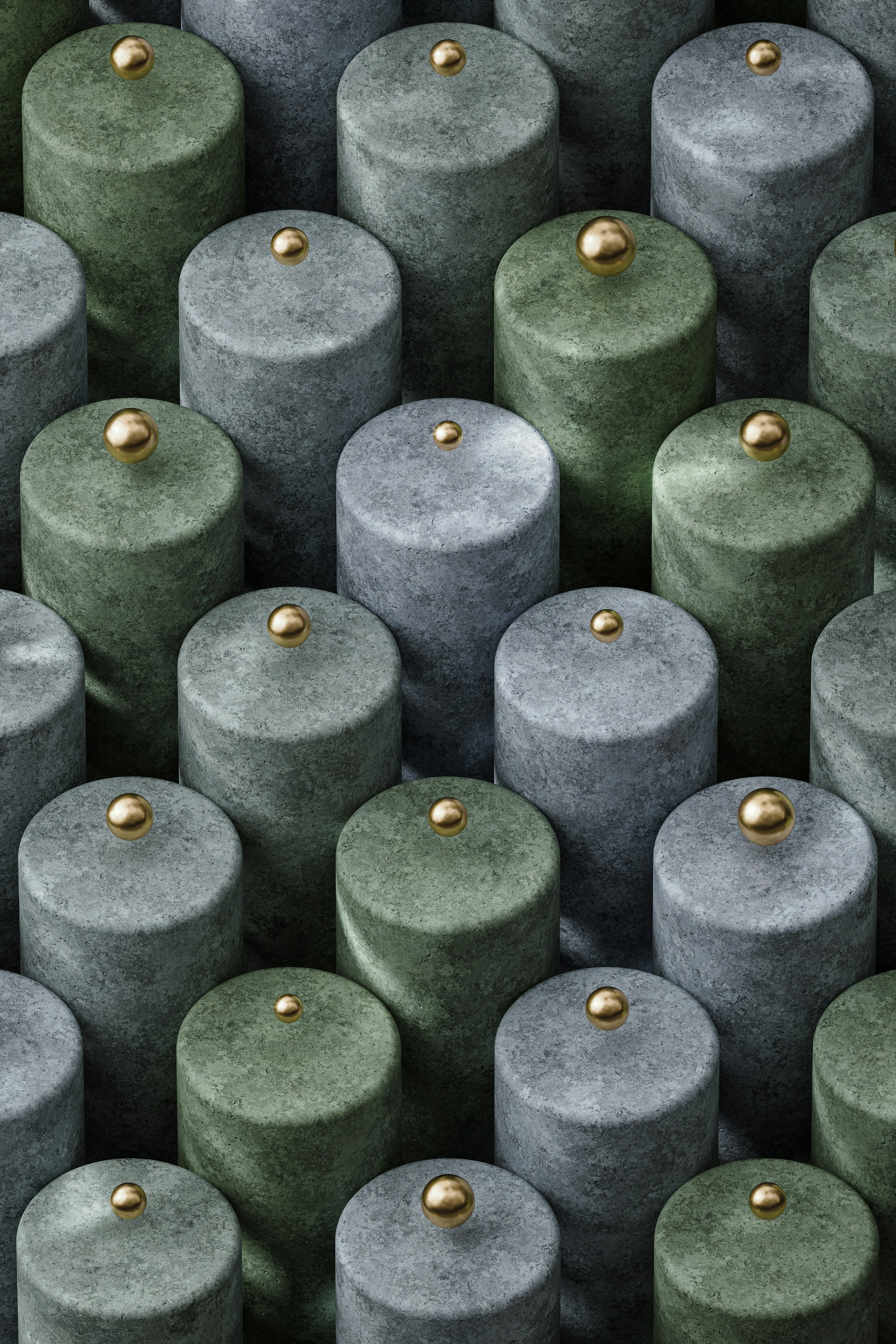 A large group of grey and green cylinders with gold rivets photo – Free ...