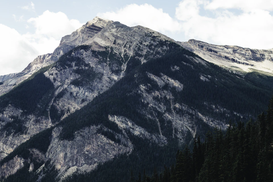 The image depicts a majestic mountain range with a rocky, gray cliff face rising high into the sky. The mountains are covered in lush green trees and bushes, creating a vibrant contrast against the rugged terrain. The perspective is from below, looking up at the towering peaks that dominate the scene.