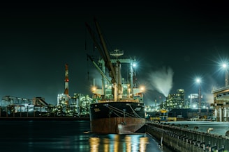 A boat docked at a dock in a city at night