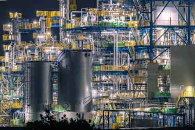 A large oil refinery lit up at night