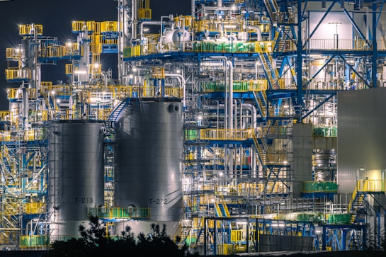 A large oil refinery lit up at night