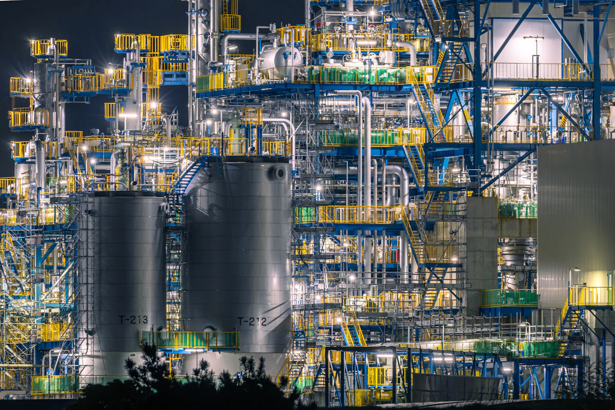 Refinería de combustible iluminada de noche