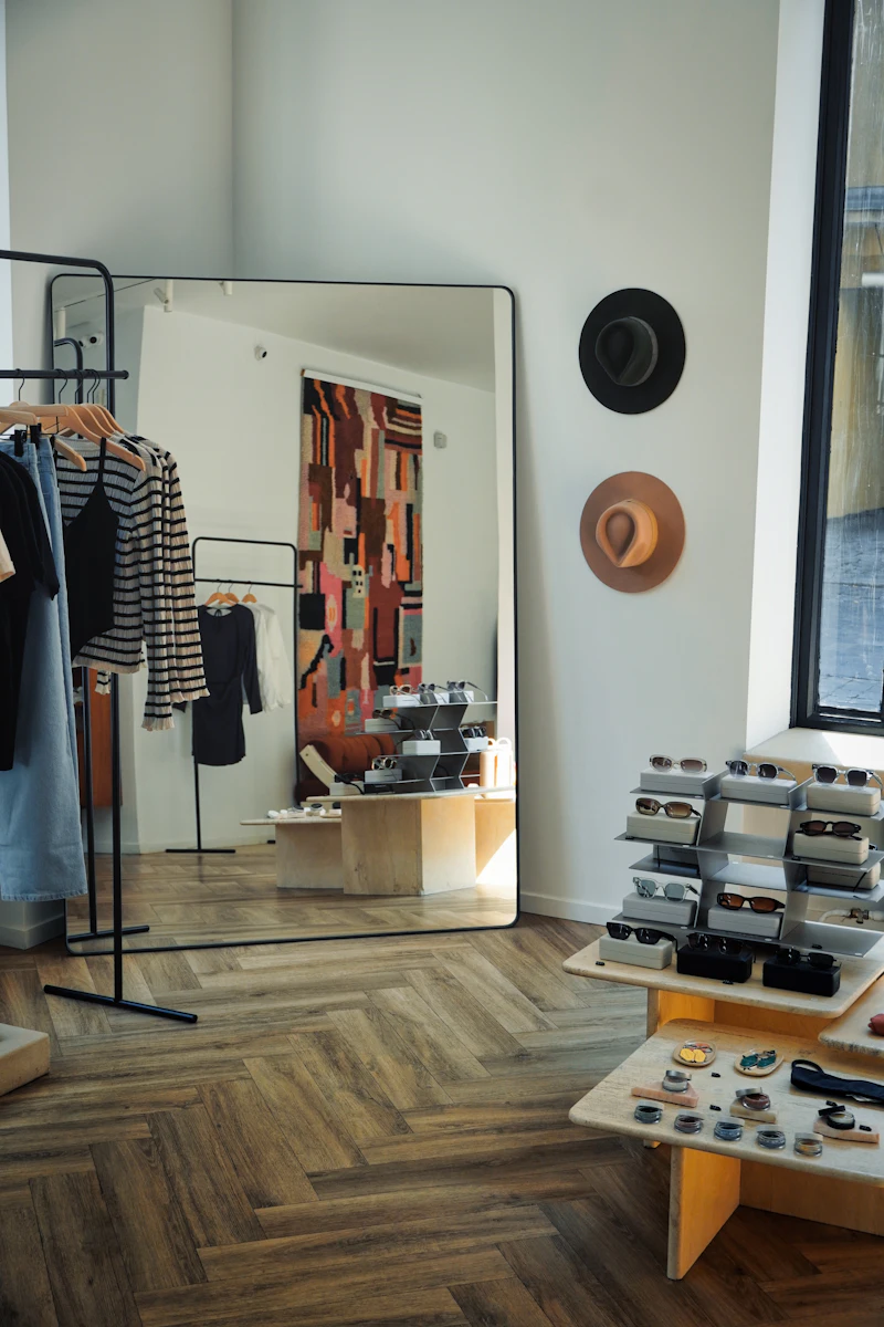 A boutique mirror and clothing rack