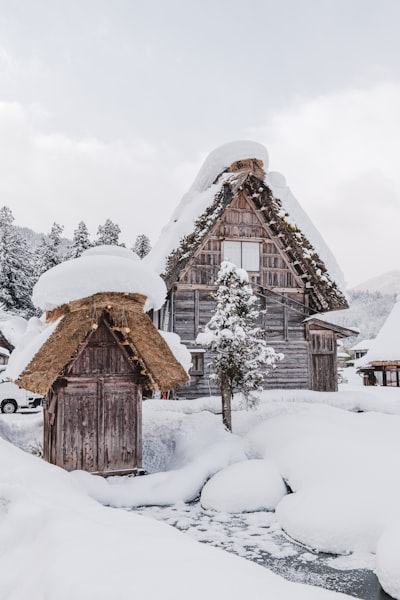 Snow-covered Japanese village with traditional houses in winter