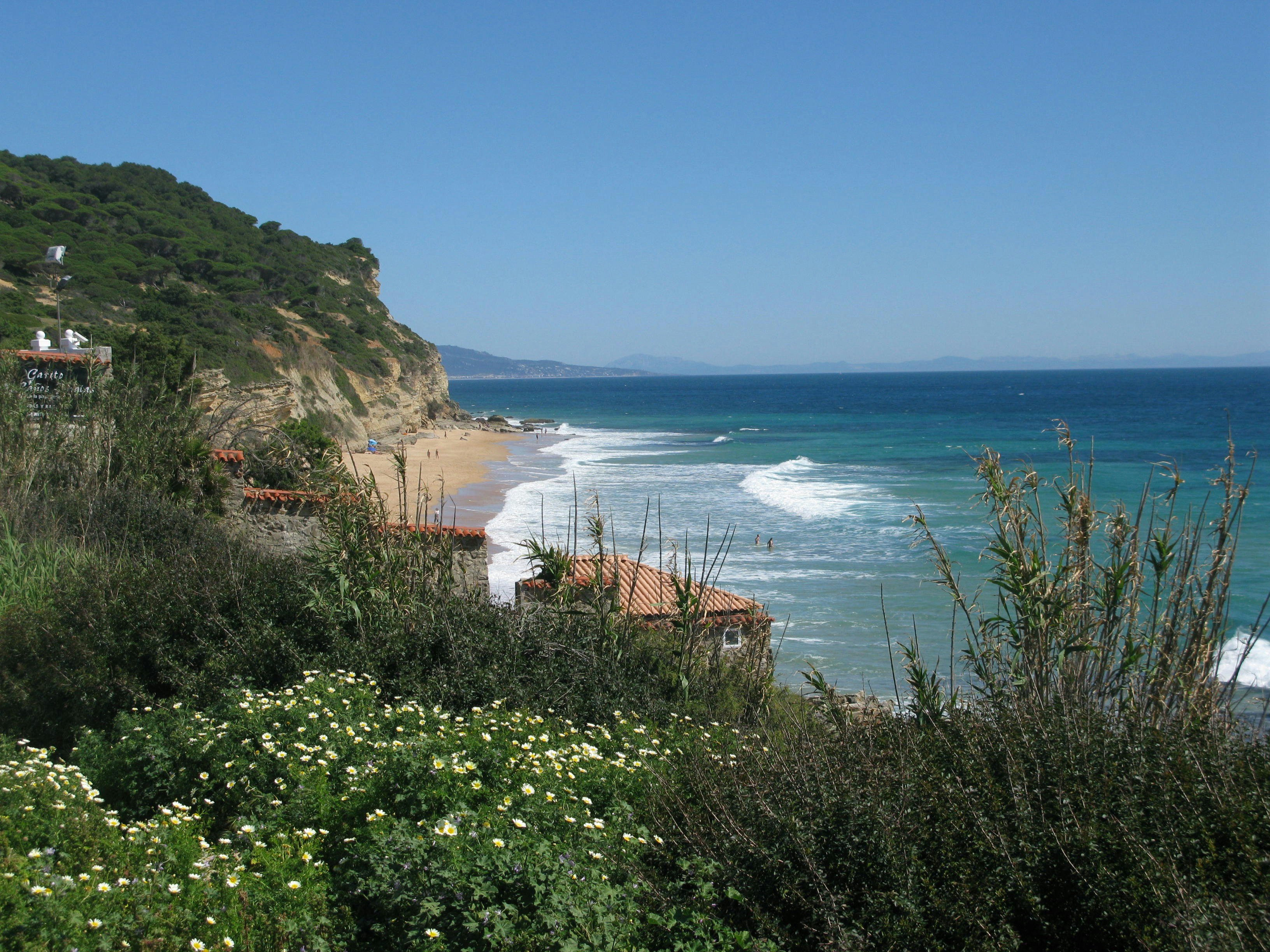 A scenic view of a beach and the ocean